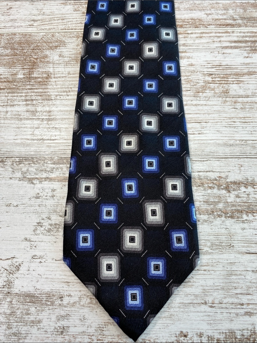 Haggar Geometric Tie Mens 58x4 Black Blue Silver Square Pattern Necktie